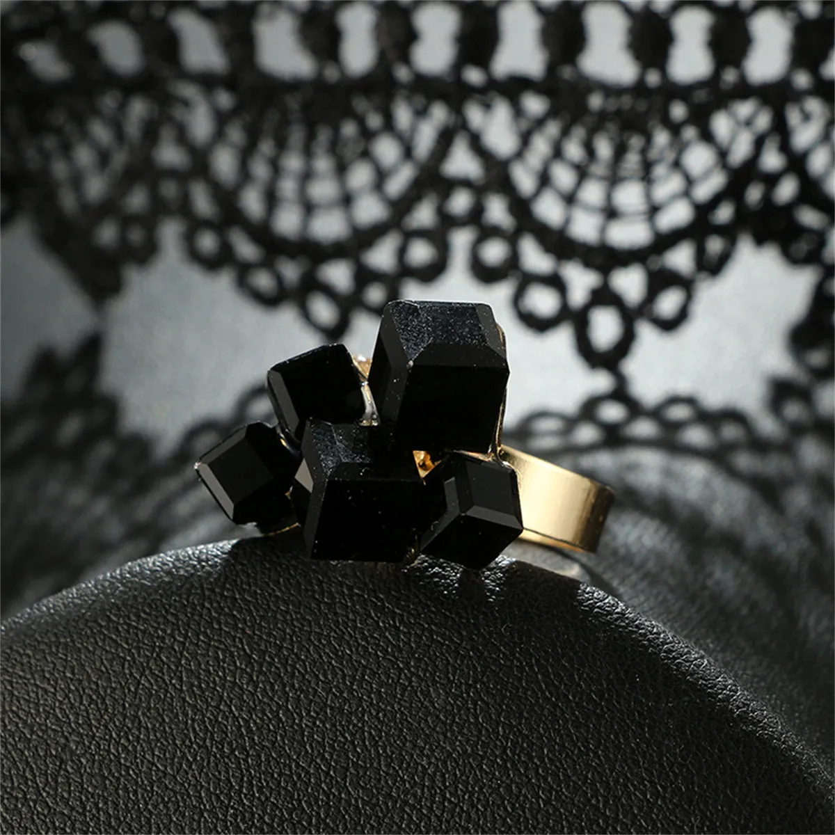Black Crystal & 18K Gold-Plated Cube Cluster Adjustable Ring