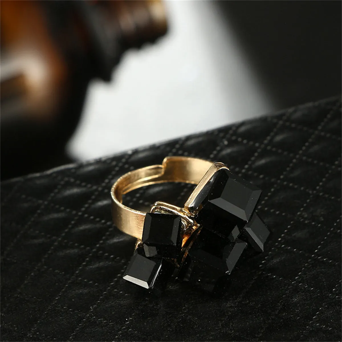 Black Crystal & 18K Gold-Plated Cube Cluster Adjustable Ring