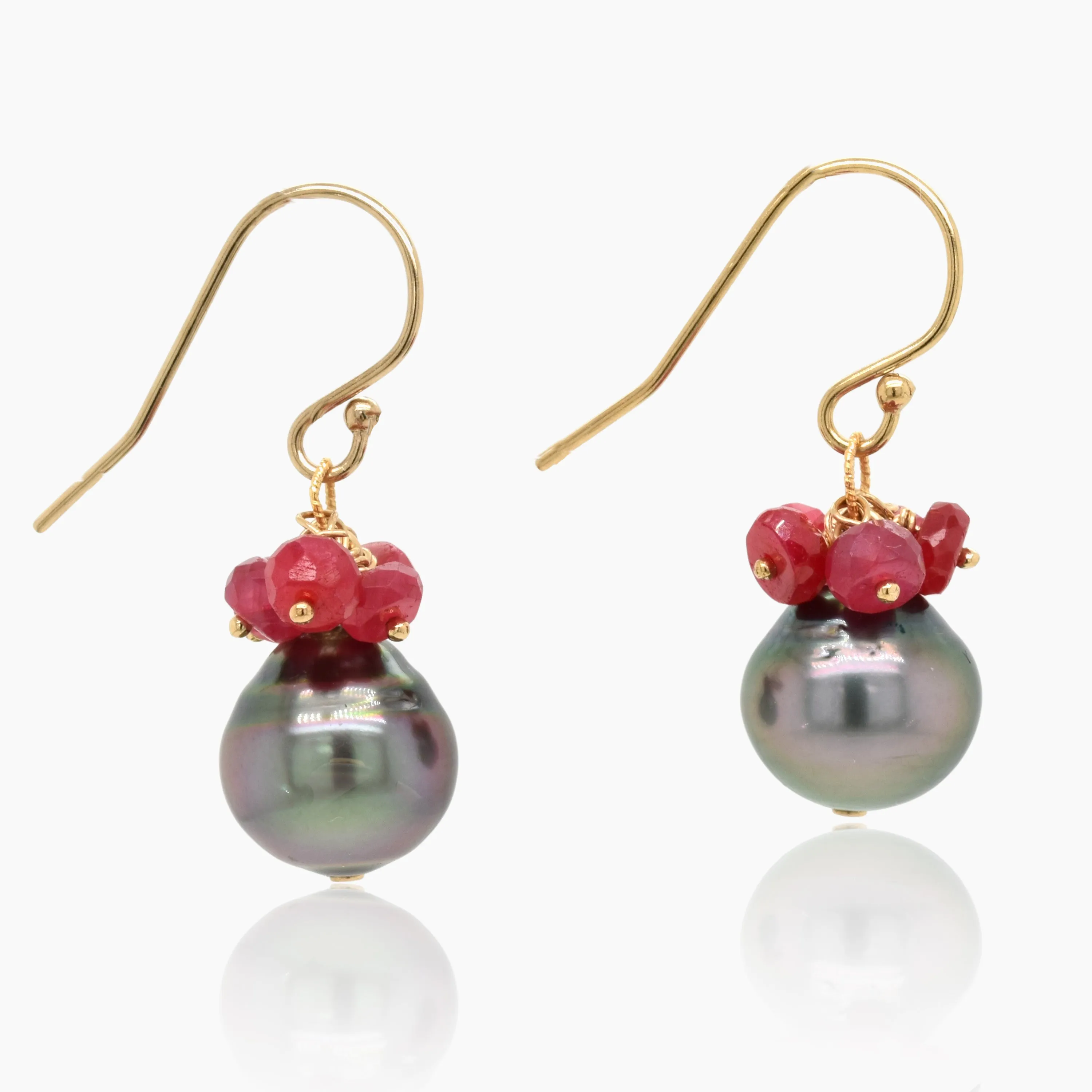 Black Tahitian Pearl with Ruby Cluster Gold Earrings
