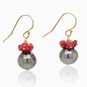 Black Tahitian Pearl with Ruby Cluster Gold Earrings