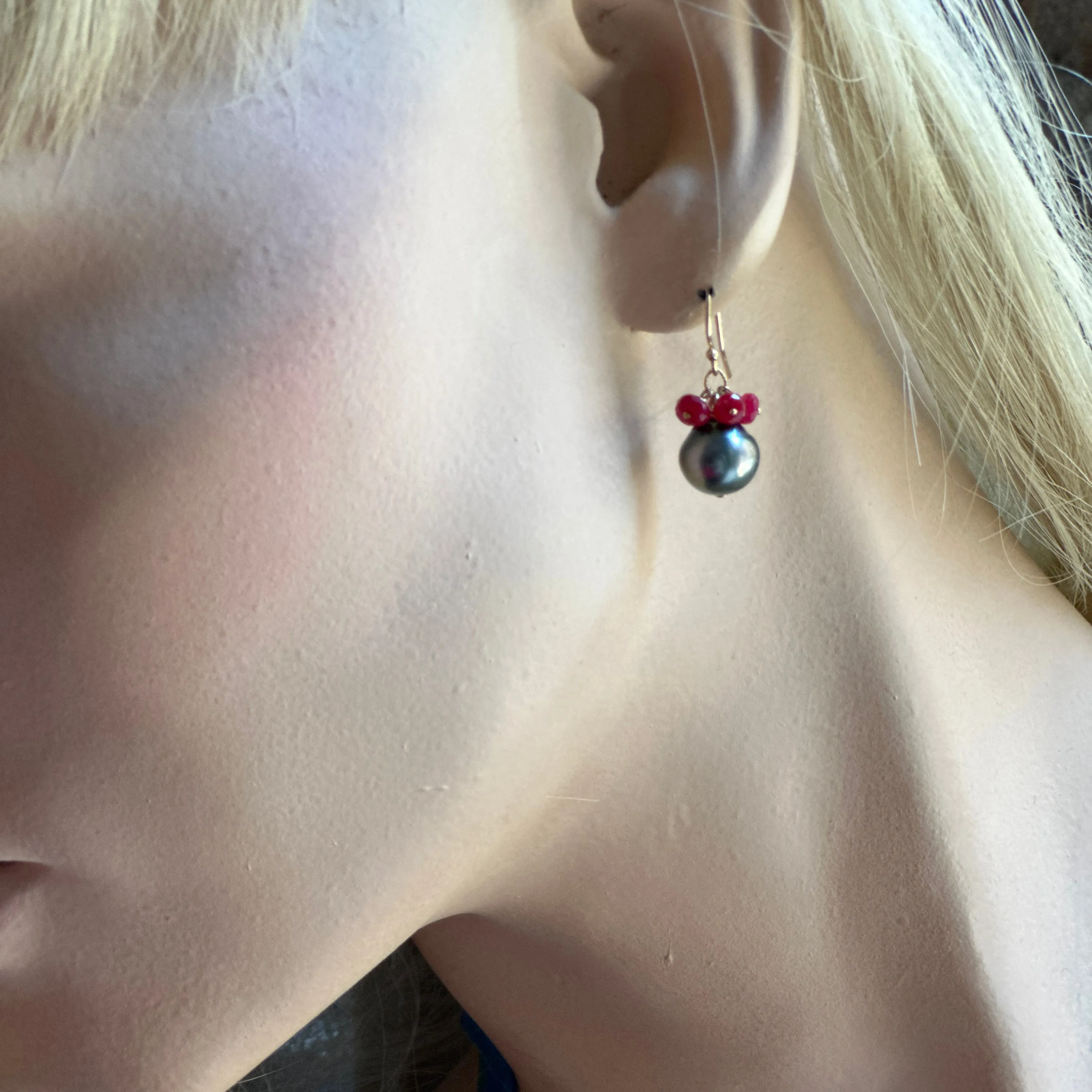 Black Tahitian Pearl with Ruby Cluster Gold Earrings