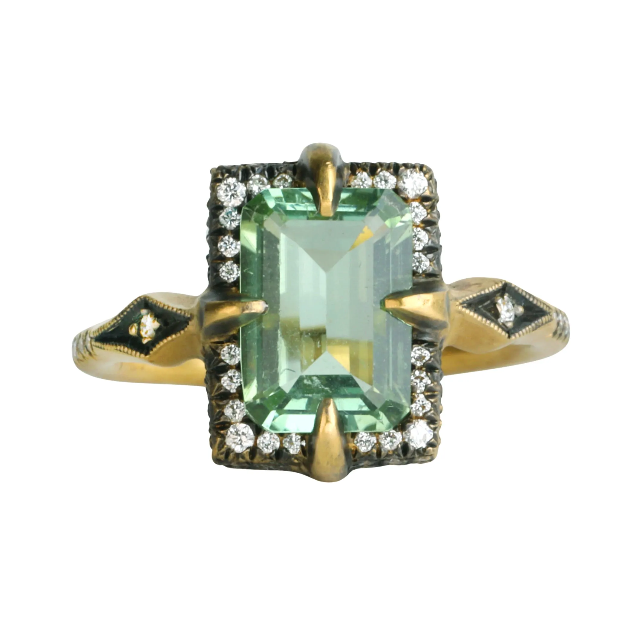 Blackened 22K Gold & Diamond "Venus" Ring with Faceted Mint Green Tourmaline