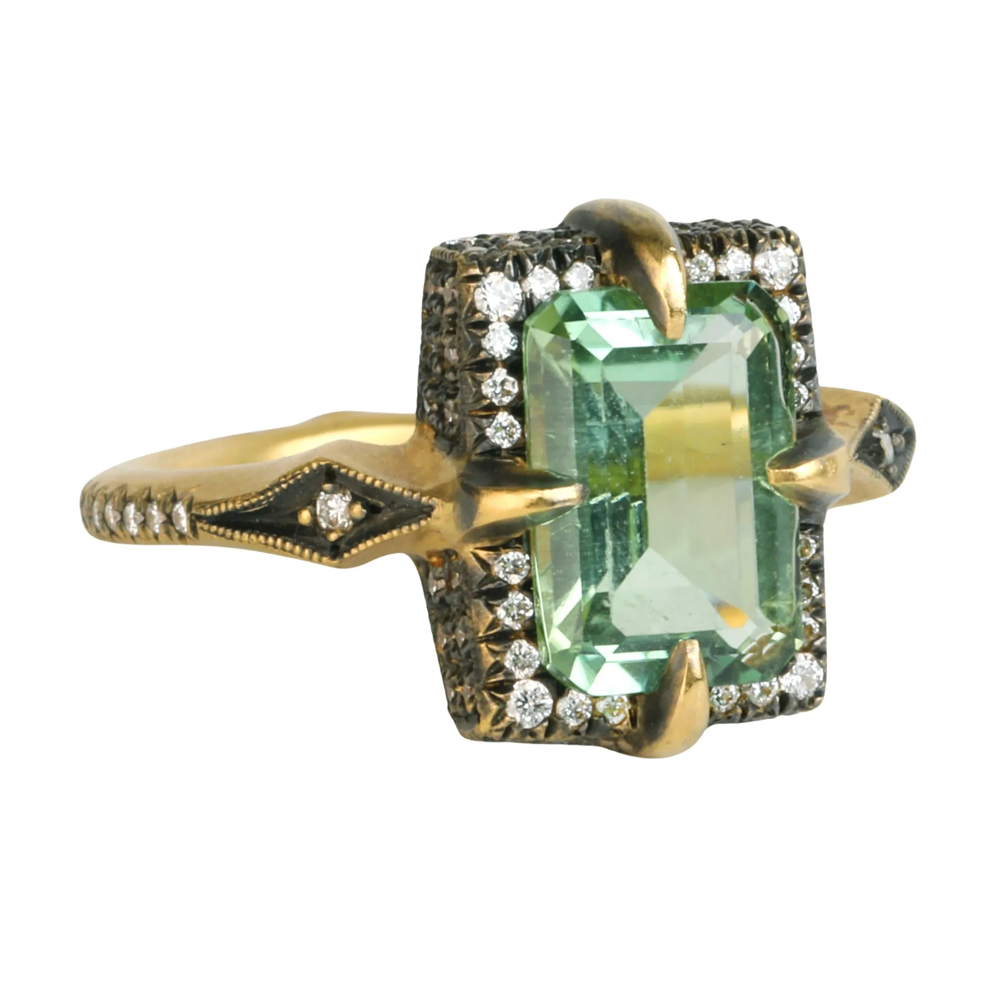 Blackened 22K Gold & Diamond "Venus" Ring with Faceted Mint Green Tourmaline