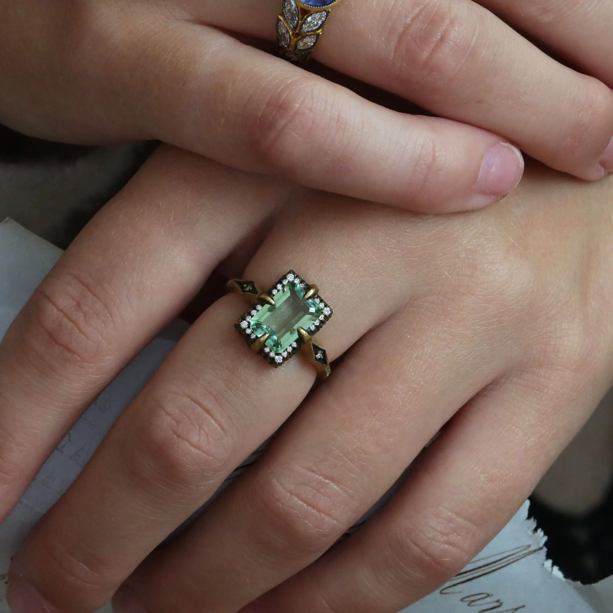 Blackened 22K Gold & Diamond "Venus" Ring with Faceted Mint Green Tourmaline