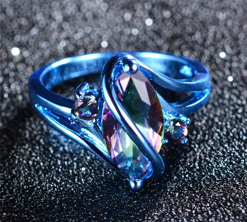 Blue Gold Mystic Rainbow Zircon Ring