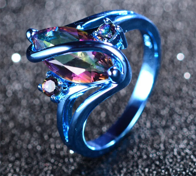 Blue Gold Mystic Rainbow Zircon Ring