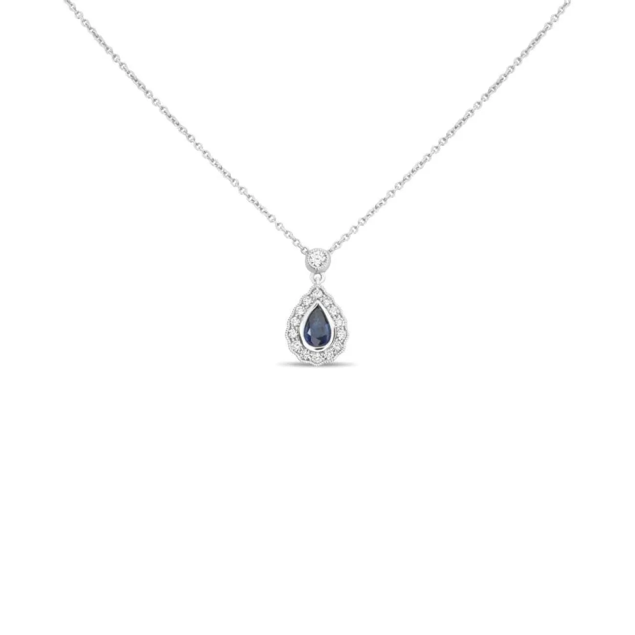 Blue Pear Shaped 18Kt White Gold Sapphire Halo Pendant Necklace