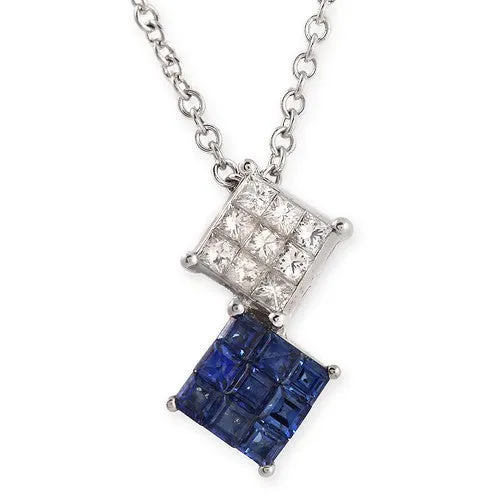 Blue Sapphire & Diamond Stack Pendant Necklace In 18k White Gold