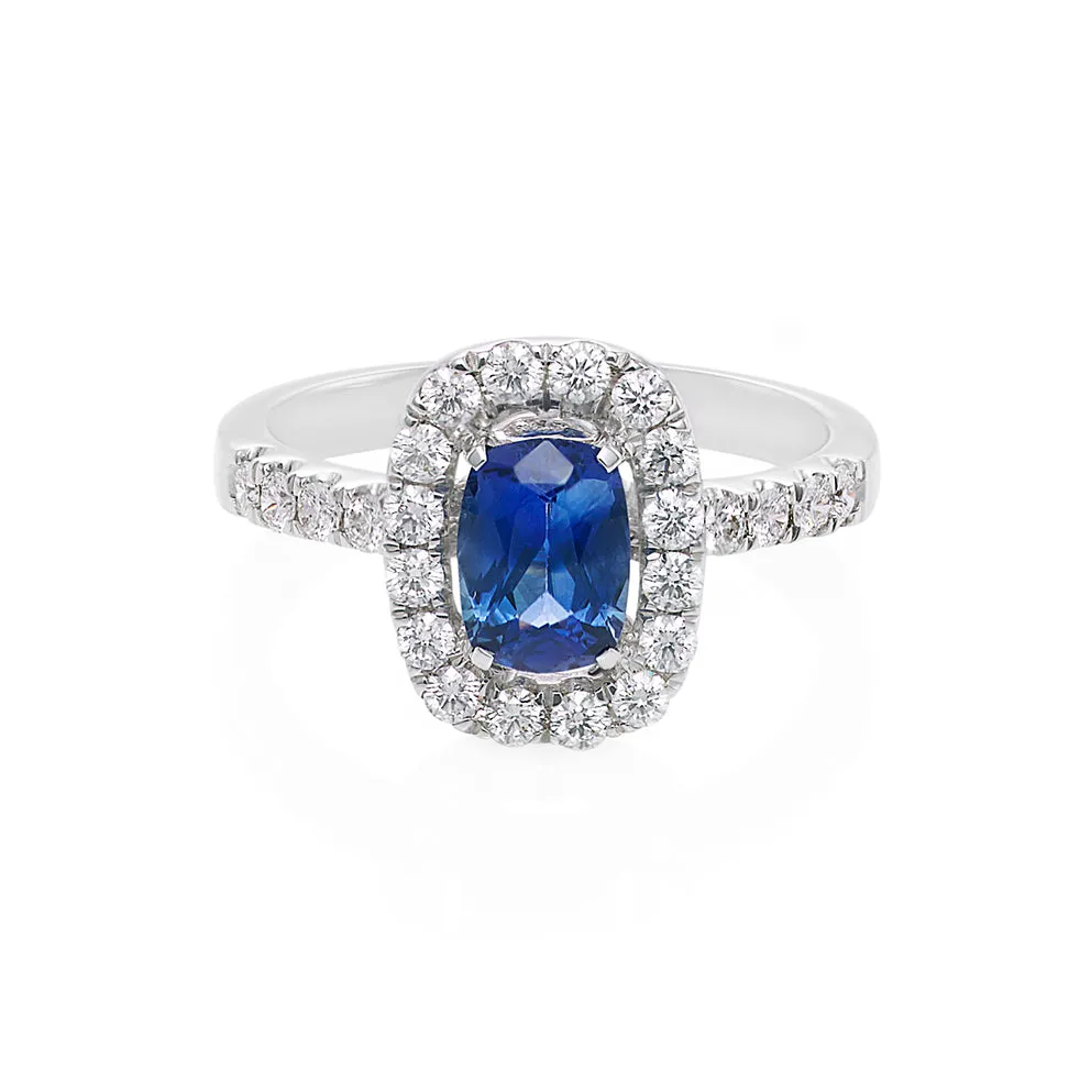 Blue Sapphire and Diamond Halo Ring