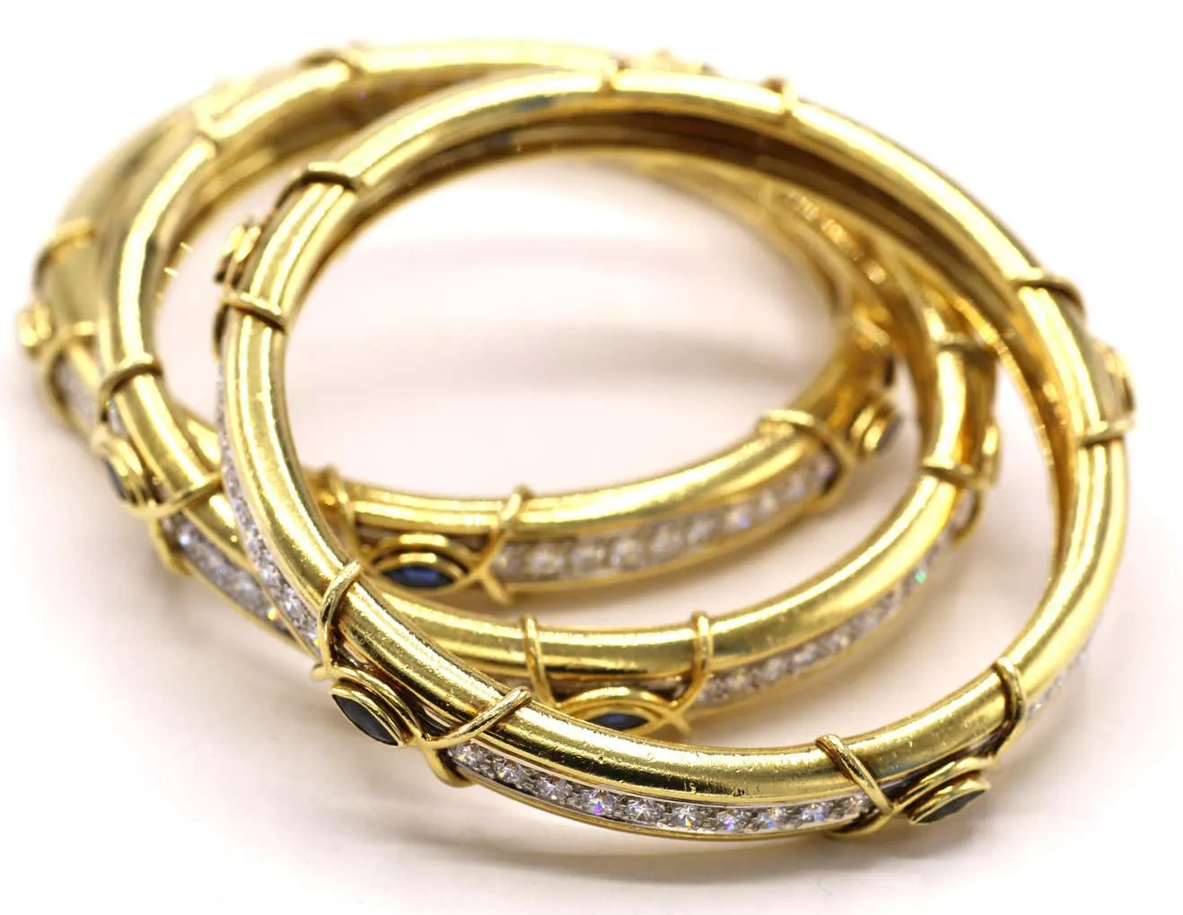 Boris Lebeau Set of 3 Diamond Sapphire 18 Karat Gold Bangle Bracelets