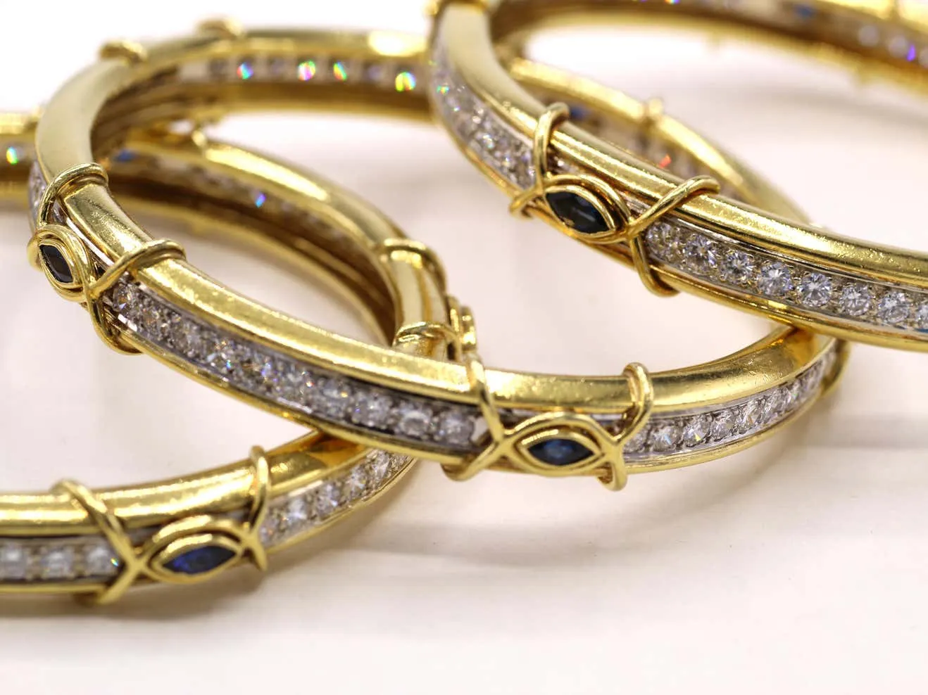 Boris Lebeau Set of 3 Diamond Sapphire 18 Karat Gold Bangle Bracelets