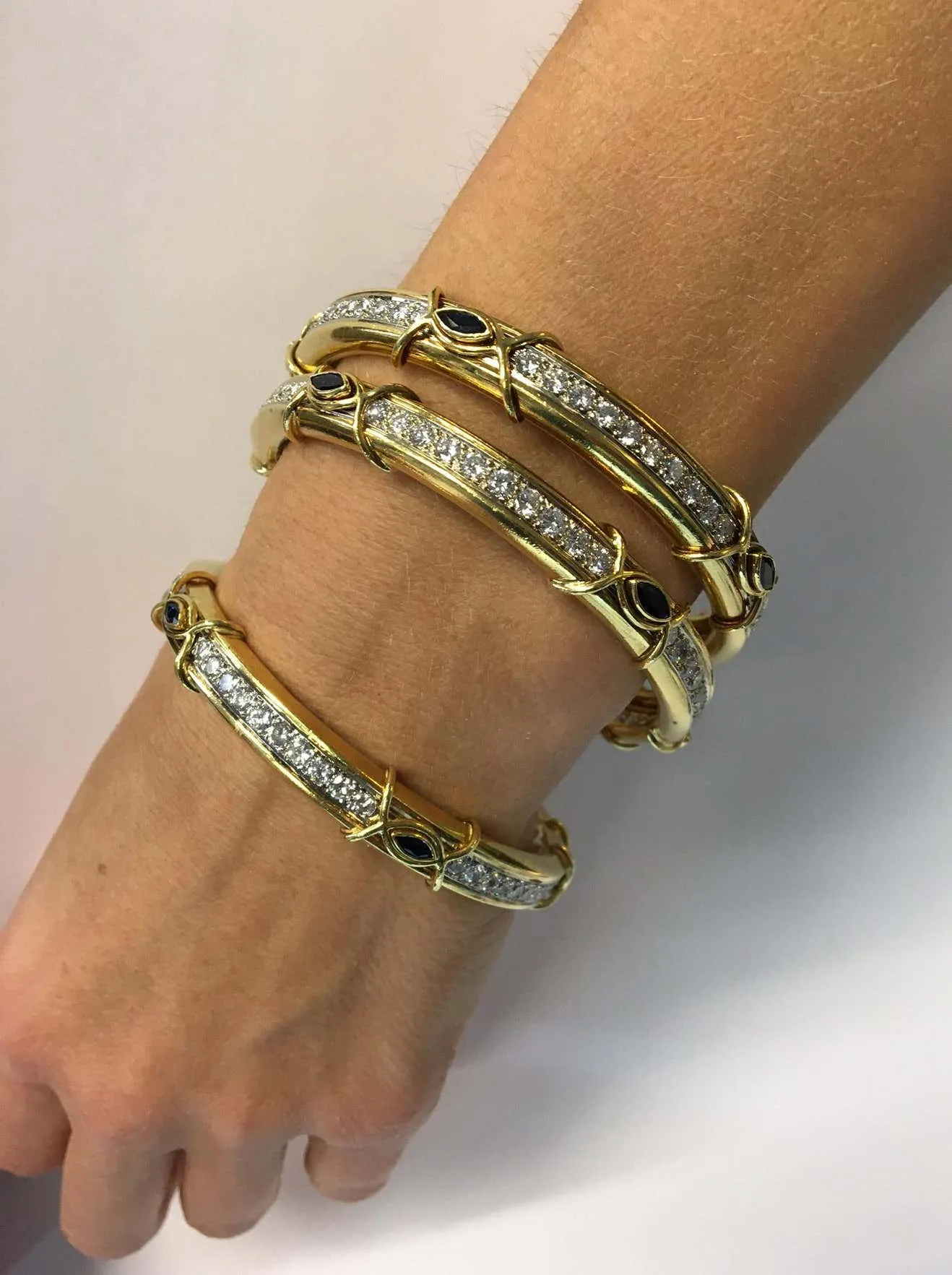 Boris Lebeau Set of 3 Diamond Sapphire 18 Karat Gold Bangle Bracelets