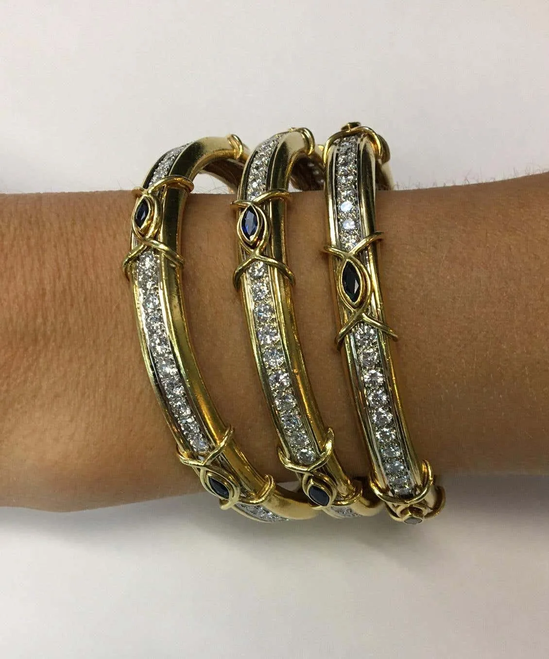 Boris Lebeau Set of 3 Diamond Sapphire 18 Karat Gold Bangle Bracelets