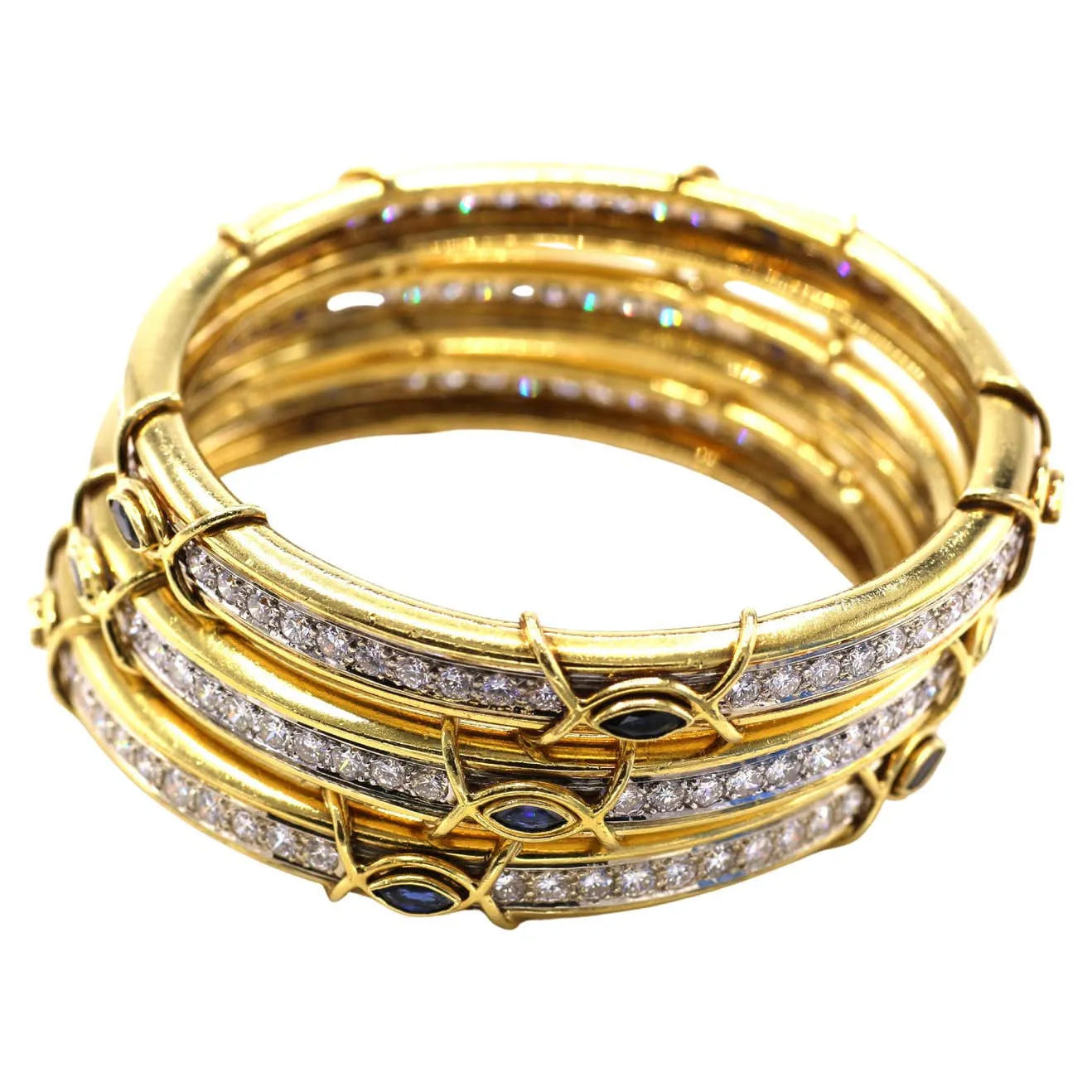 Boris Lebeau Set of 3 Diamond Sapphire 18 Karat Gold Bangle Bracelets