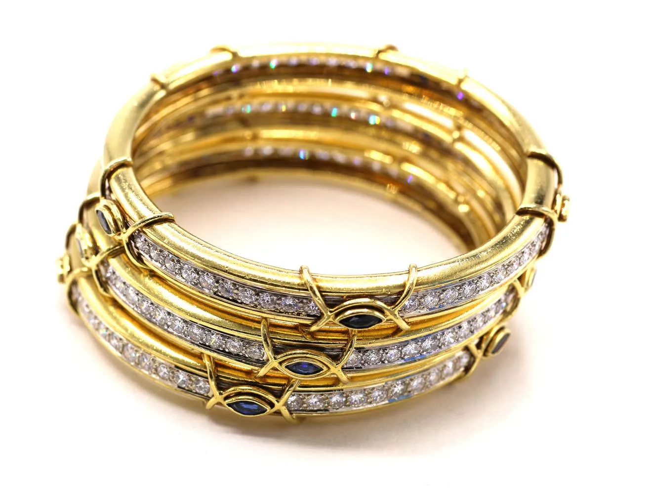 Boris Lebeau Set of 3 Diamond Sapphire 18 Karat Gold Bangle Bracelets