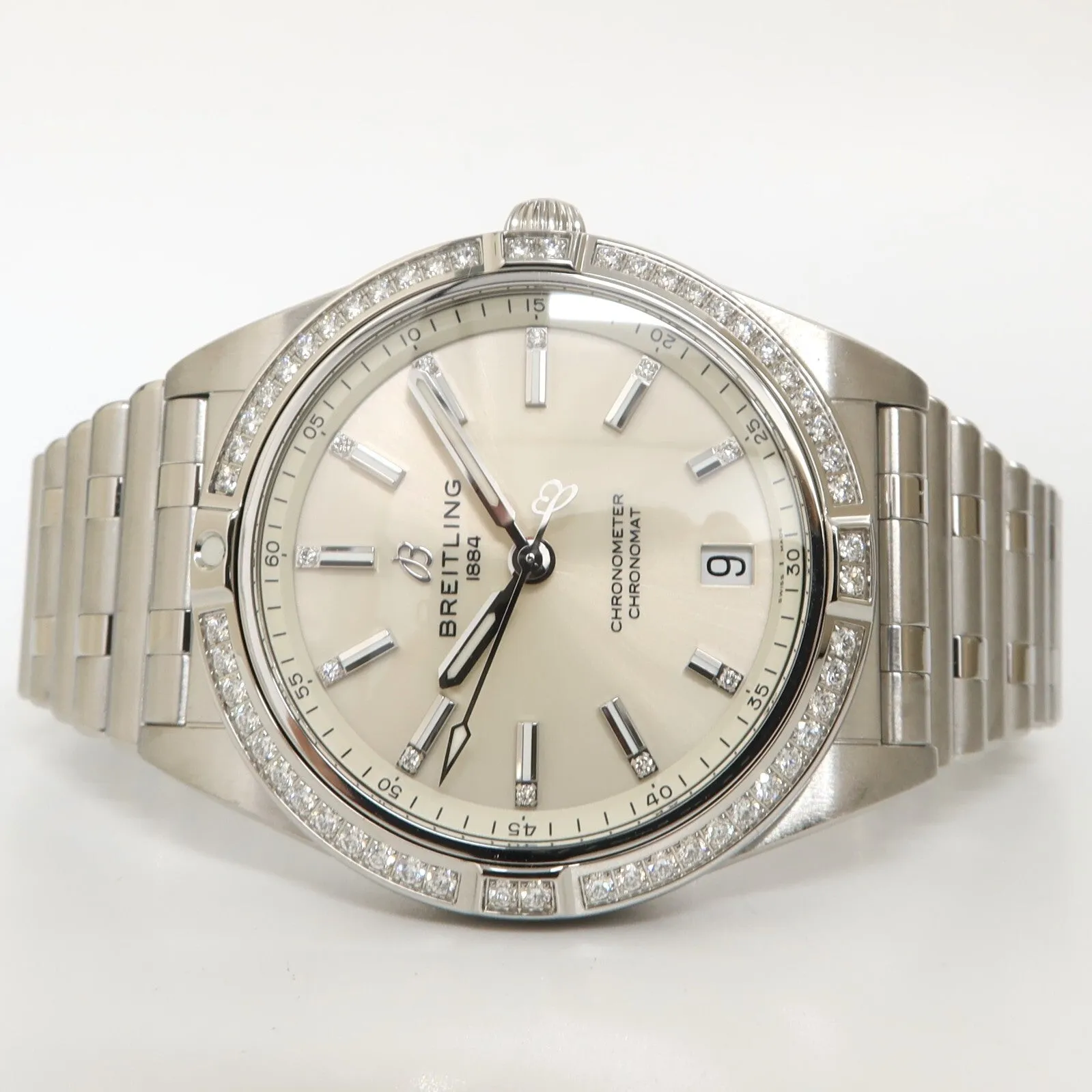 Breitling Chronomat Automatic 36 Silver Dial Factory Diamond Bezel Steel A10380