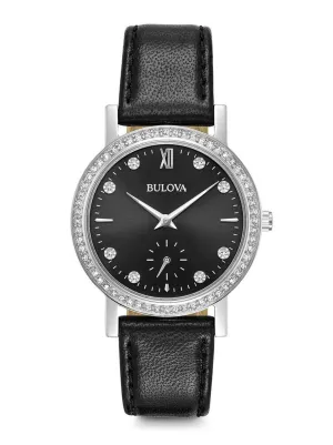 Bulova Crystal Quartz Black Dial Black Leather Ladies Watch 96L246