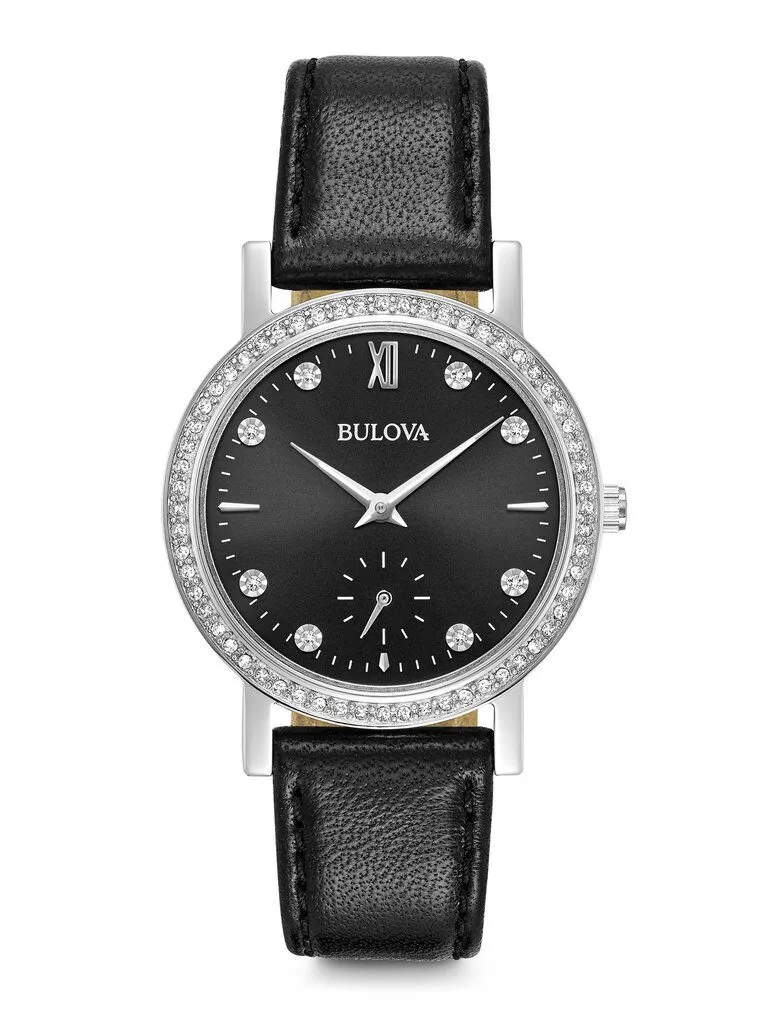 Bulova Crystal Quartz Black Dial Black Leather Ladies Watch 96L246