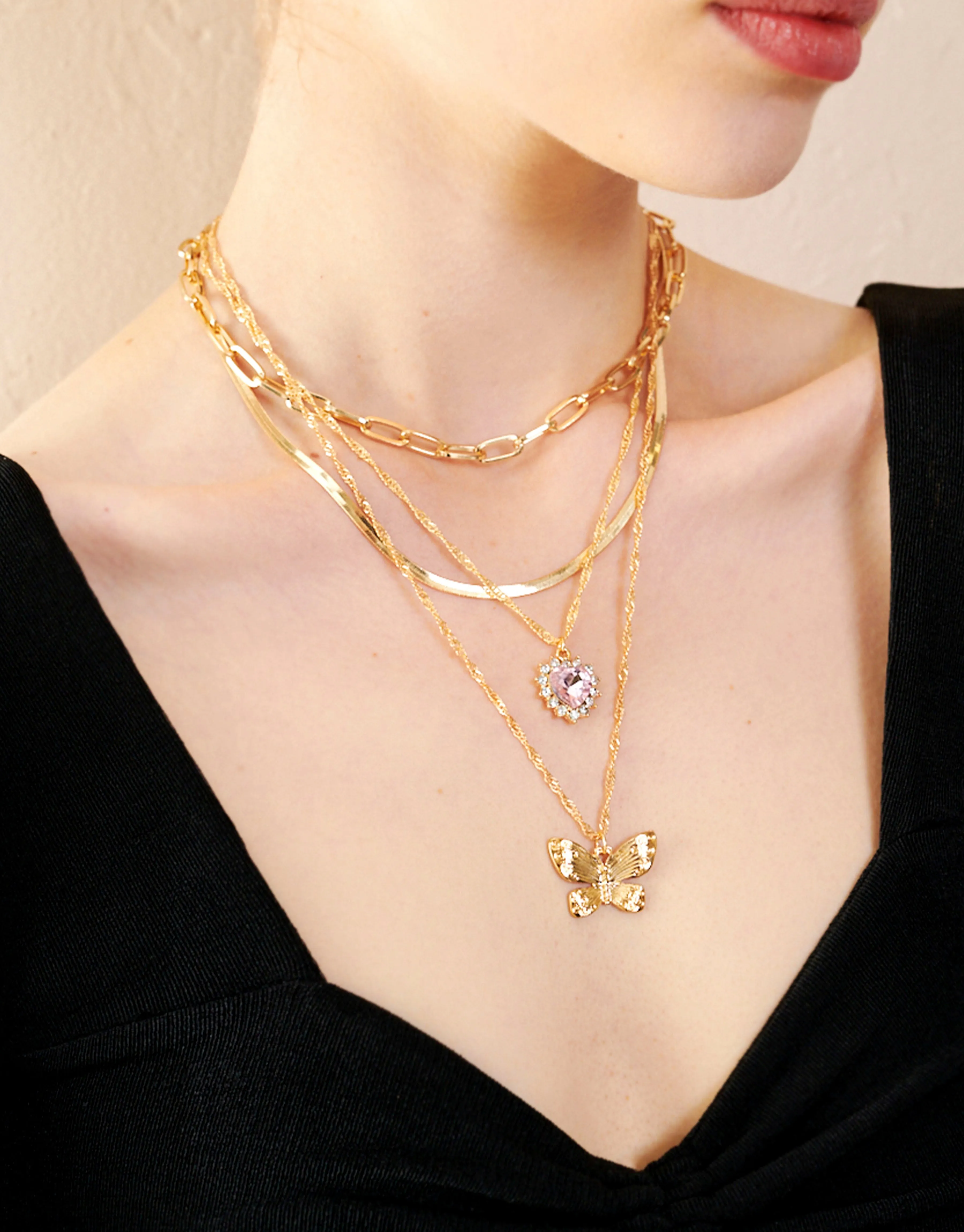 Butterfly & Heart Charm Necklace Set