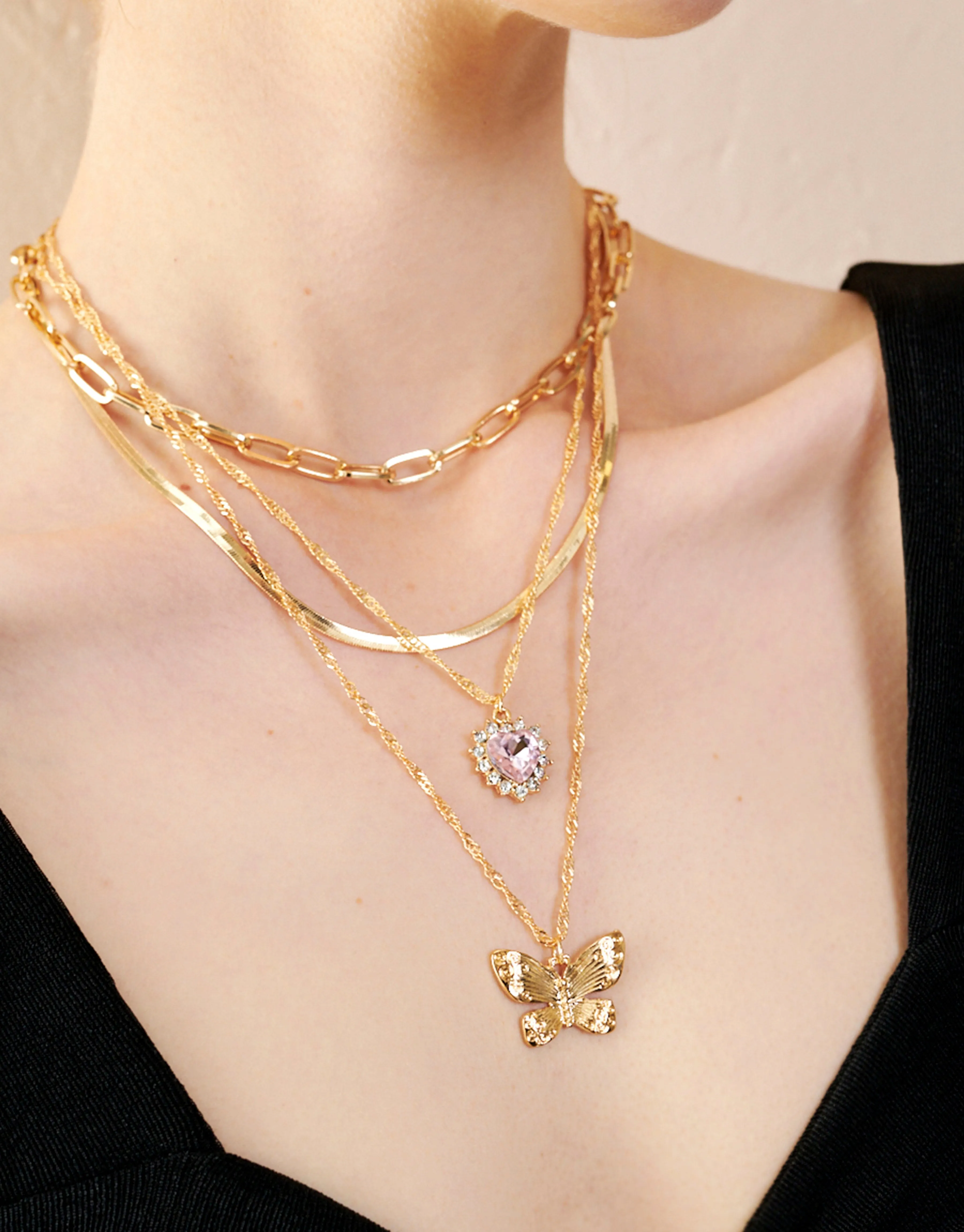 Butterfly & Heart Charm Necklace Set