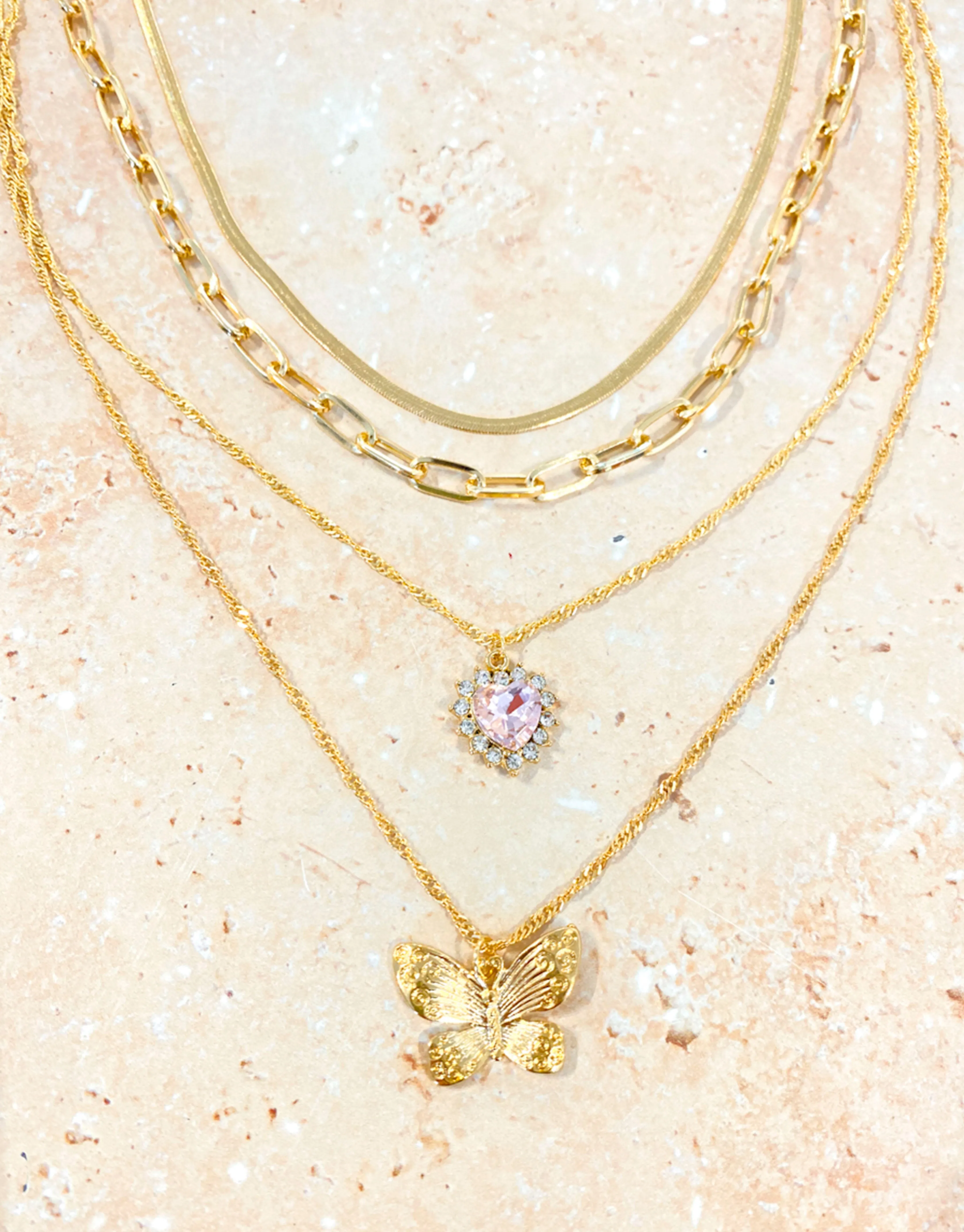 Butterfly & Heart Charm Necklace Set