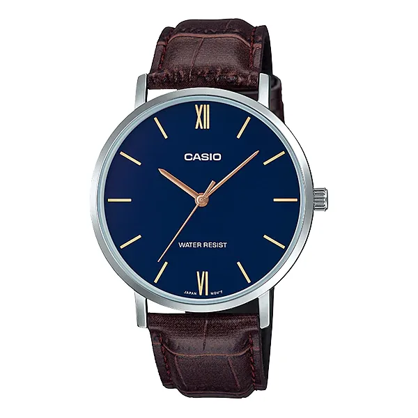 Casio Brown Leather Strap Blue Dial Quartz Watch for Gents - MTP-VT01L-2BUDF