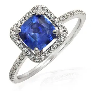 Ceylon Sapphire & Diamonds in Halo Design Engagement Ring, 18k White Gold