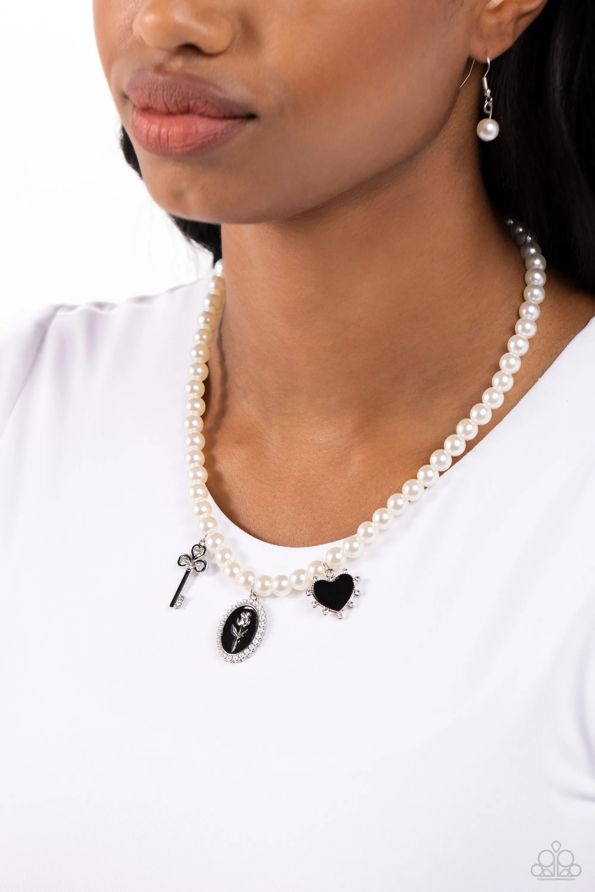 Charming Collision - Black - Painted Key, Rose, and Heart Charm White Pearl Paparazzi Short Necklace