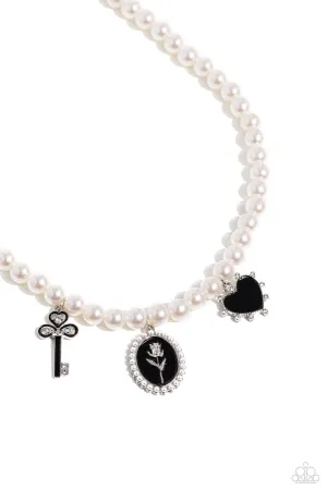 Charming Collision - Black - Painted Key, Rose, and Heart Charm White Pearl Paparazzi Short Necklace