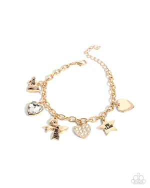 Cheerleading Camp - Gold - White Rhinestone Charm Paparazzi Lobster Claw Bracelet