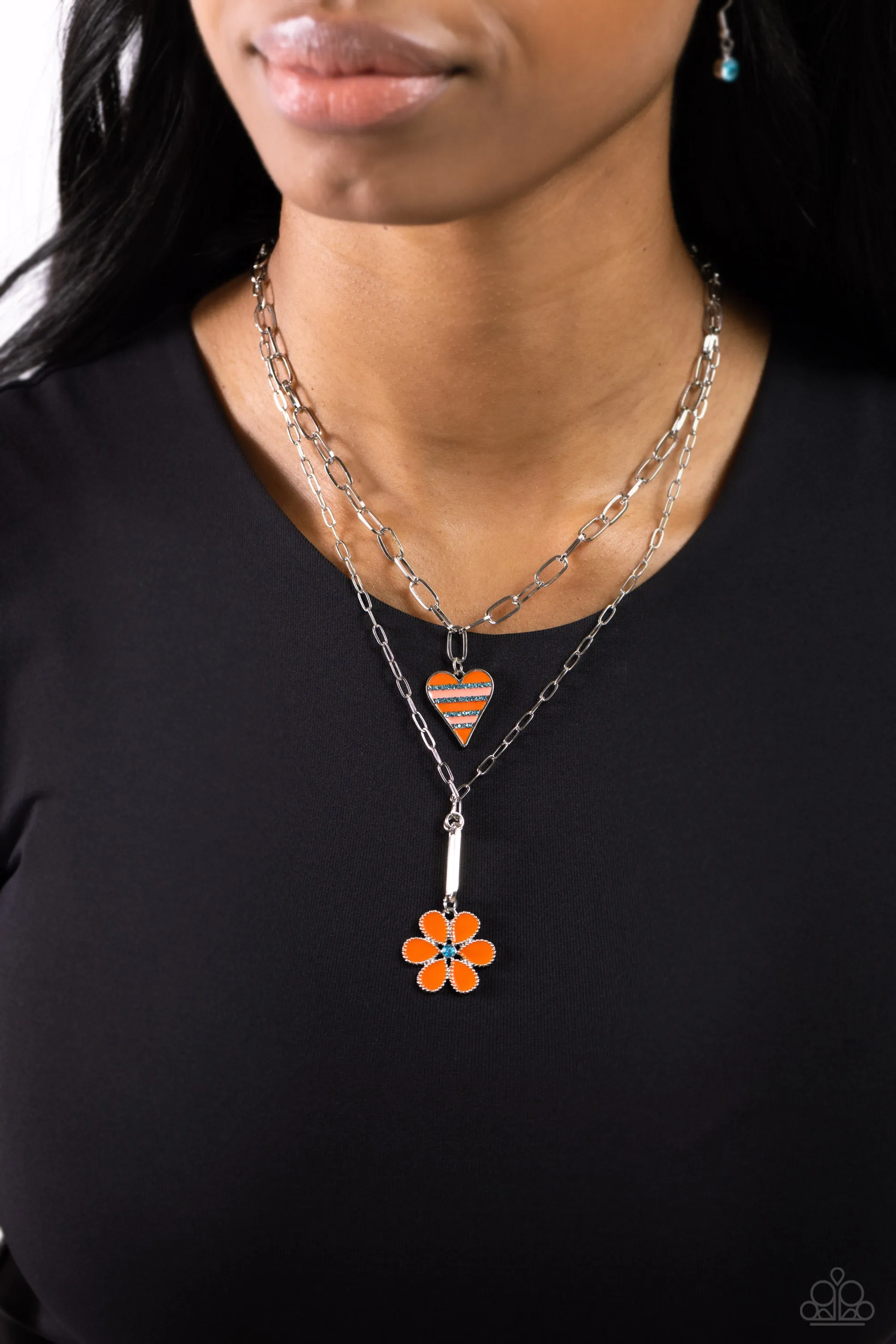 Childhood Charms - Orange - Heart and Flower Charm Tiered Paparazzi Short Necklace