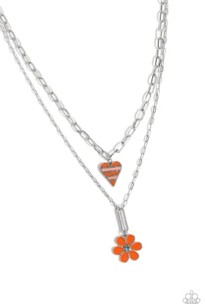 Childhood Charms - Orange - Heart and Flower Charm Tiered Paparazzi Short Necklace