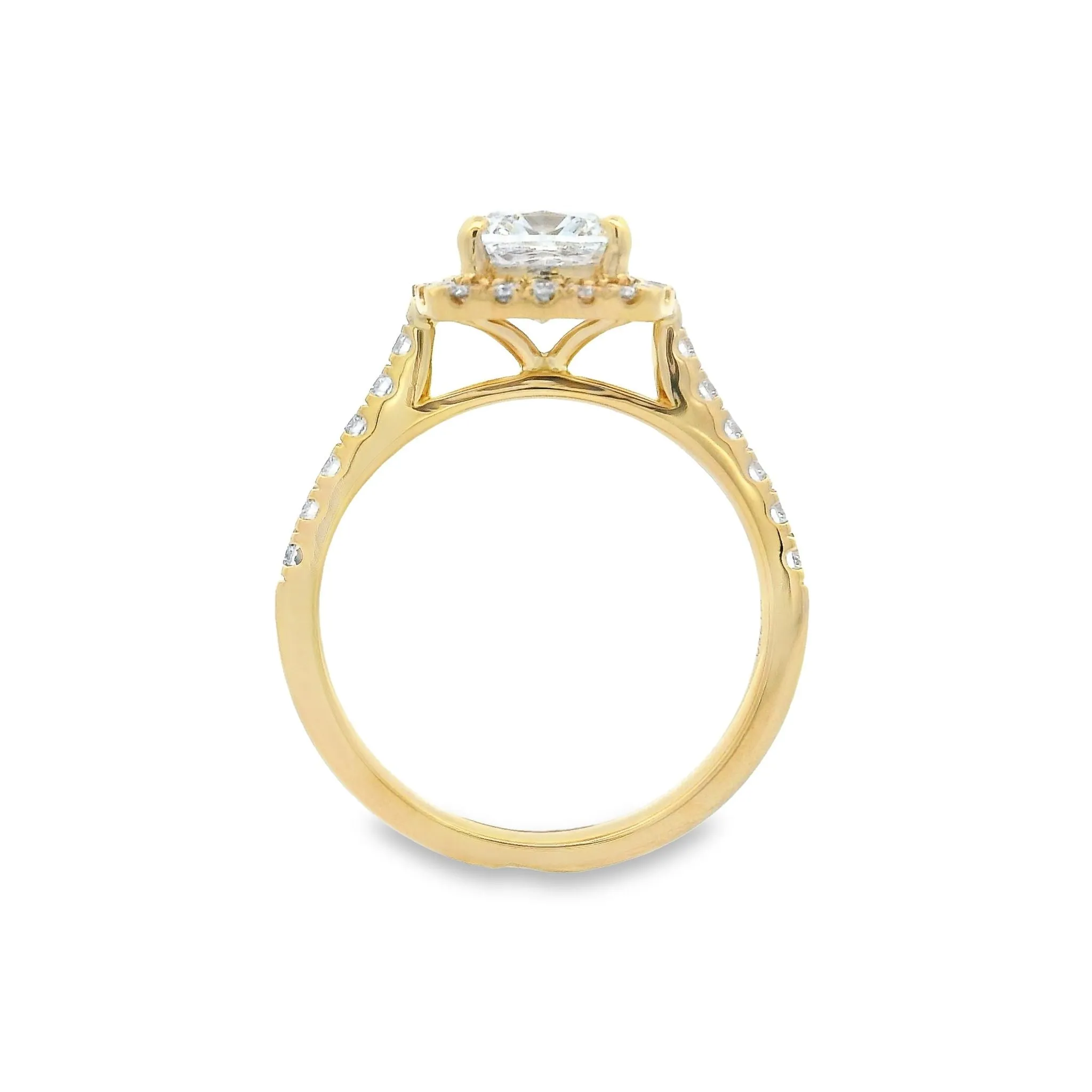 Chloe - 18ct Yellow Gold Lab Grown Diamond Halo Engagement Ring 1.54ct Cushion Cut Diamond. TDW= 2.01ct