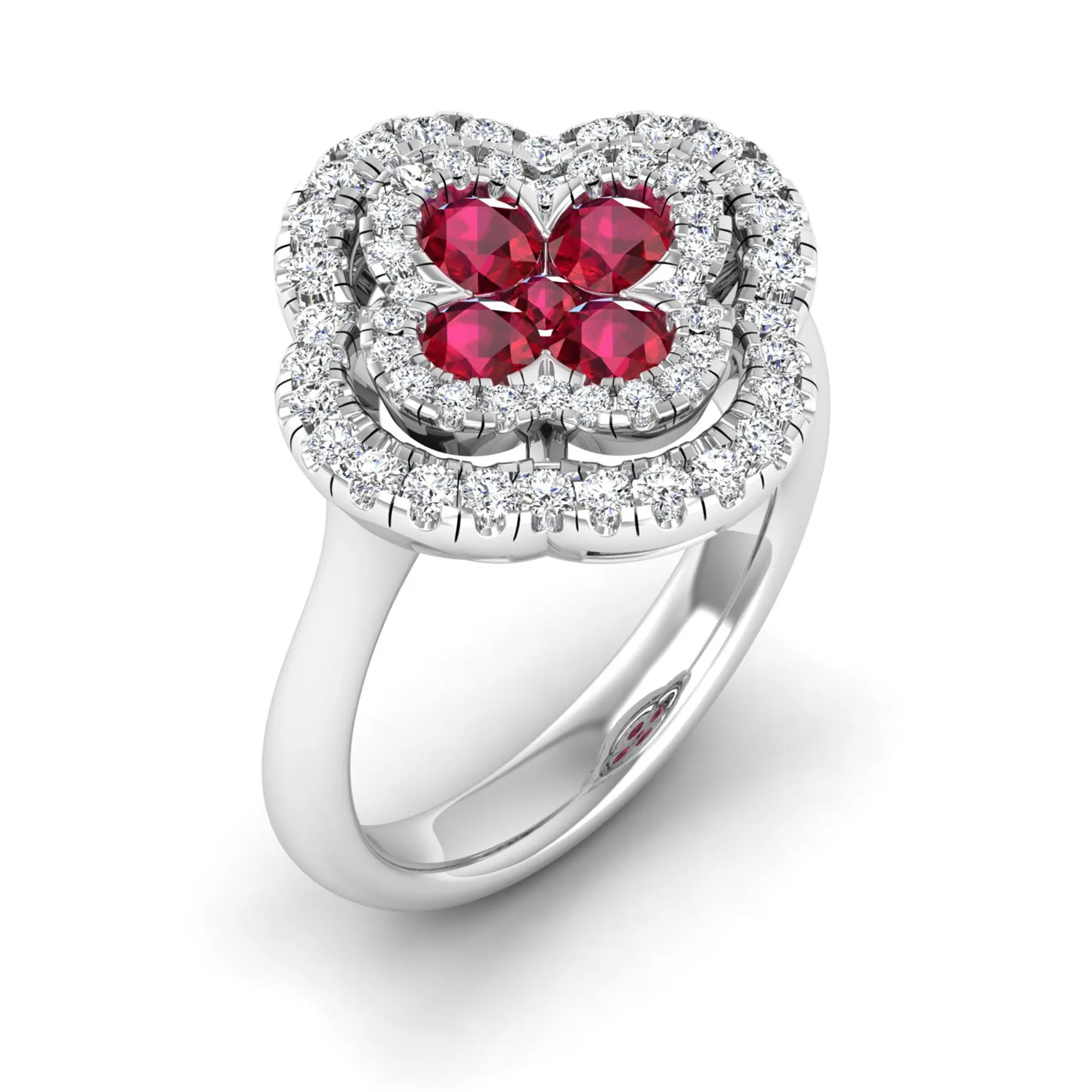 Clover Double Halo Ruby and Diamond Ring