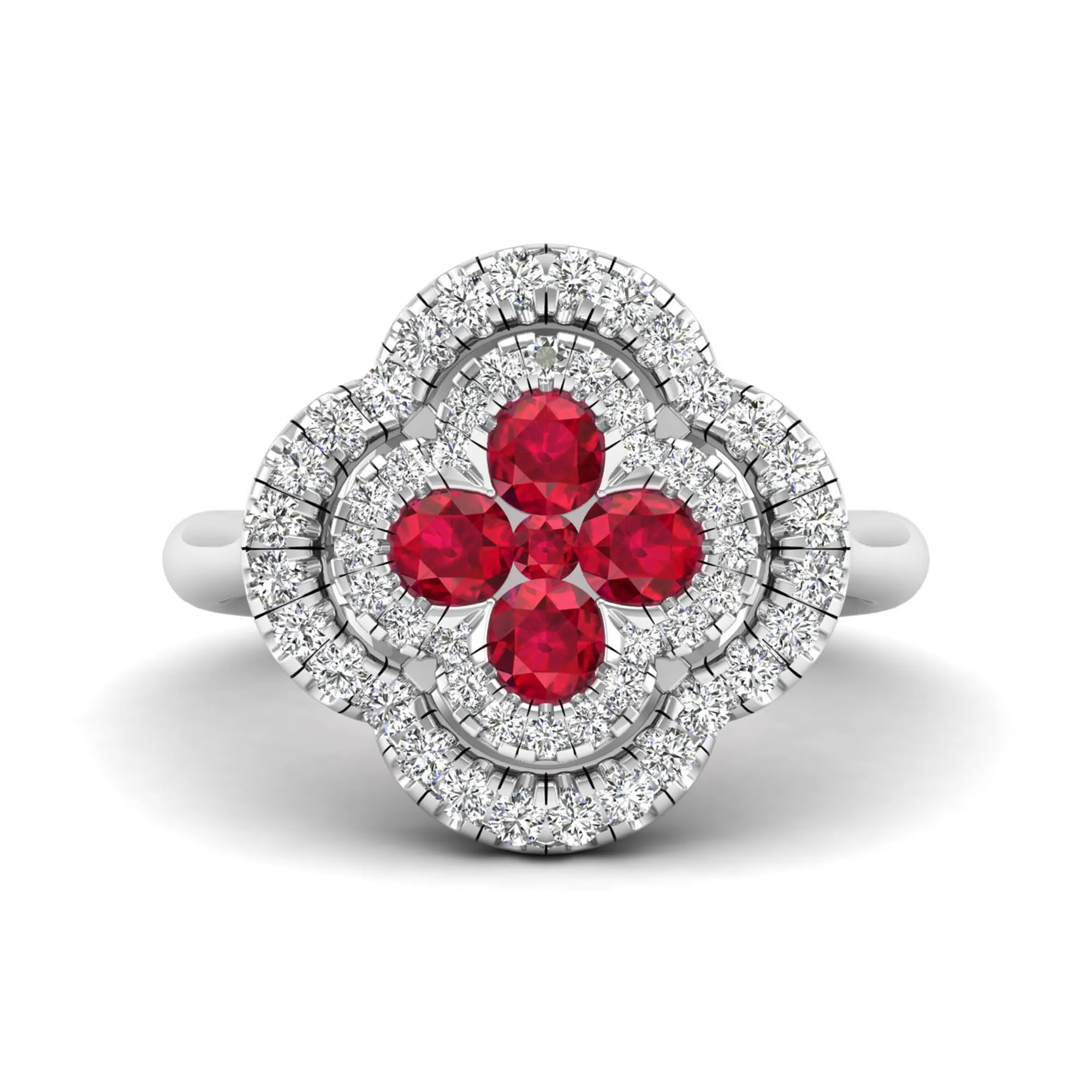 Clover Double Halo Ruby and Diamond Ring