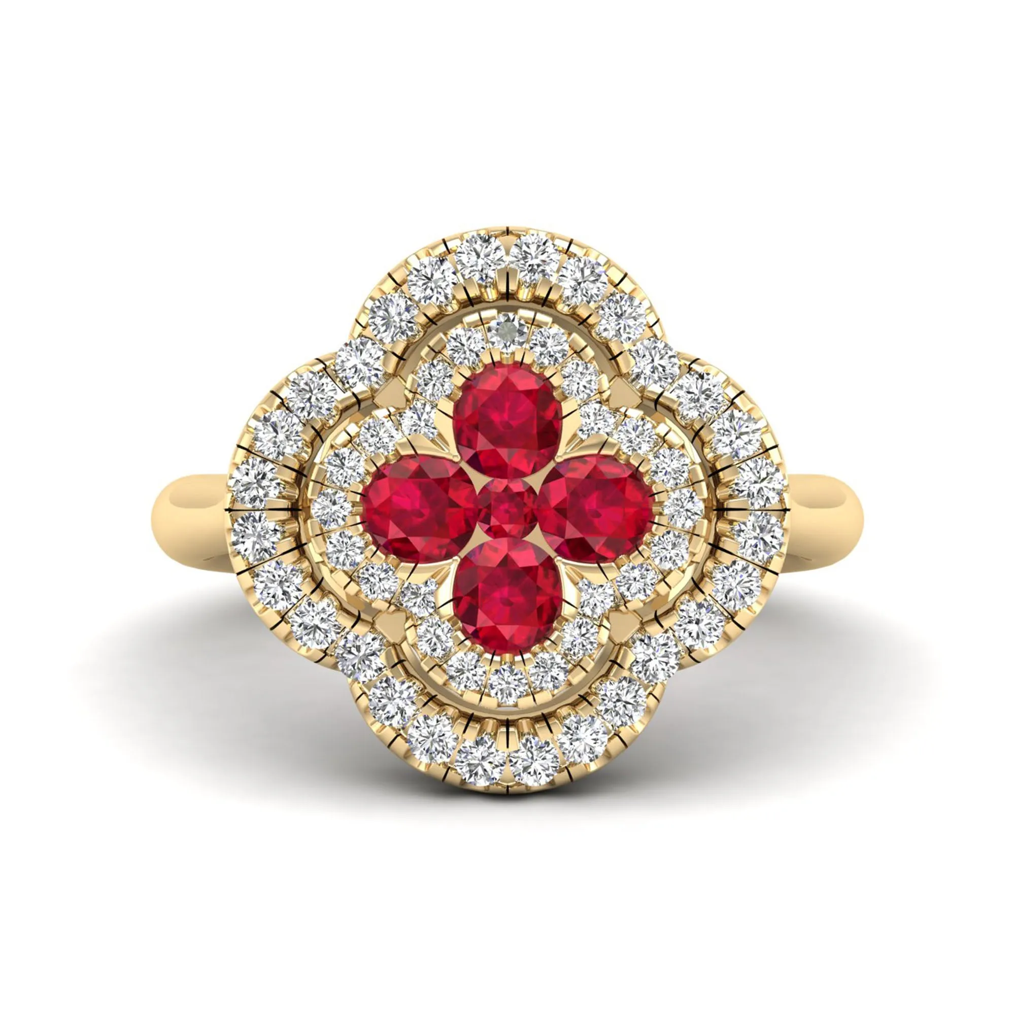 Clover Double Halo Ruby and Diamond Ring