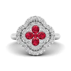 Clover Double Halo Ruby and Diamond Ring