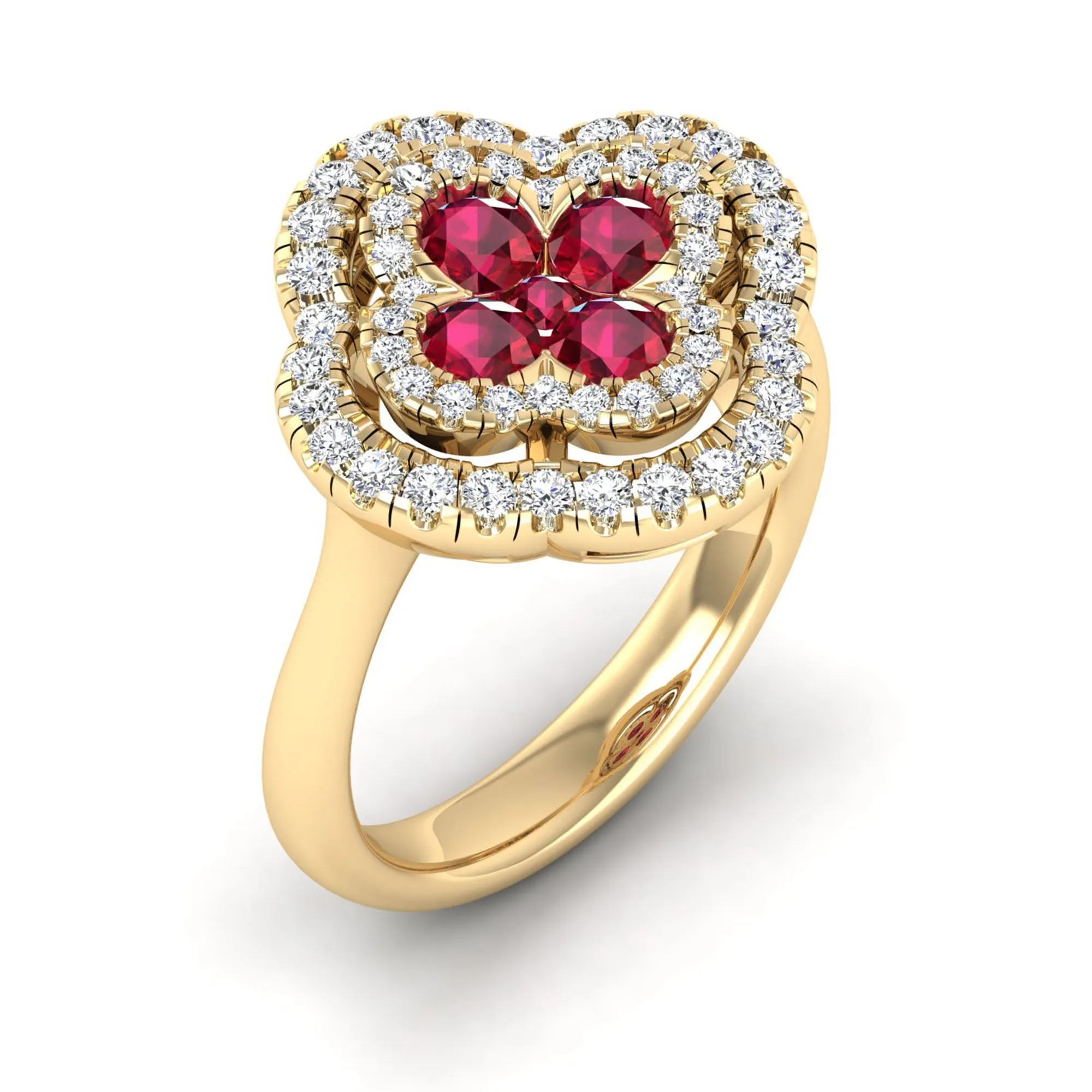 Clover Double Halo Ruby and Diamond Ring