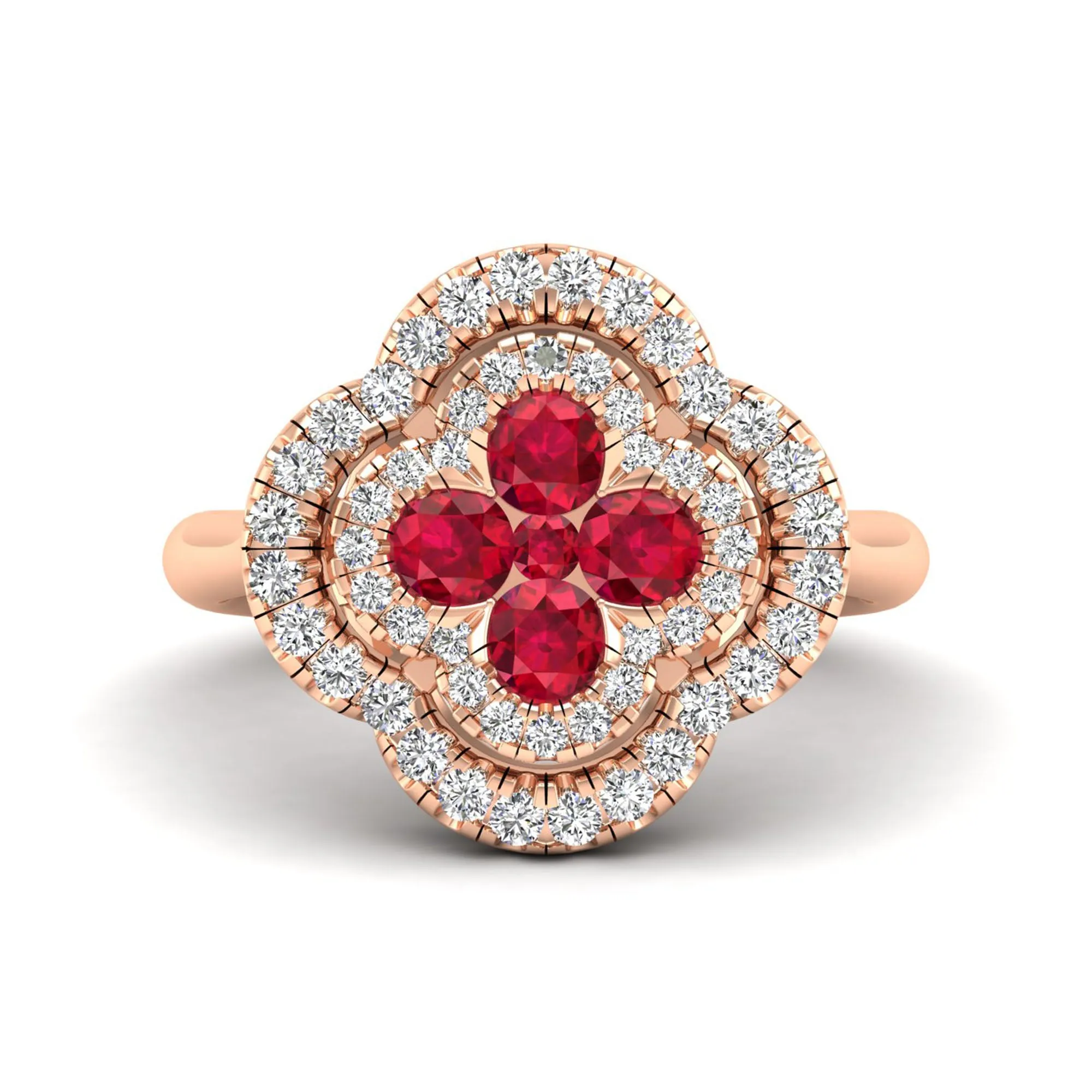 Clover Double Halo Ruby and Diamond Ring