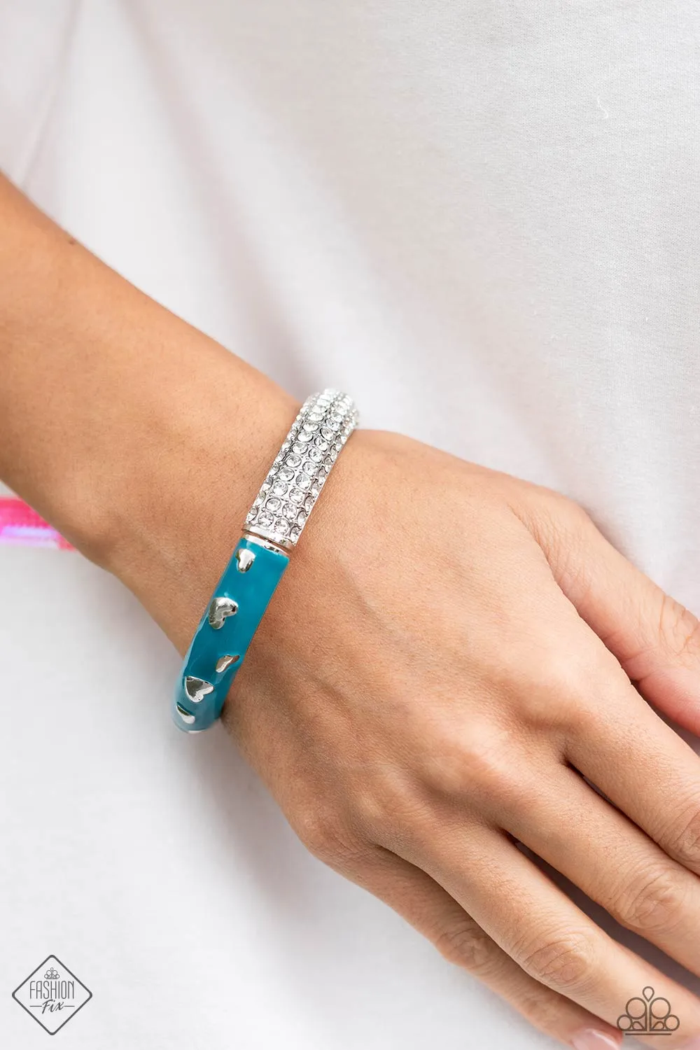 Color Caliber - Blue - Painted Silver Heart Paparazzi Hinge Bracelet - October 2023 Glimpses of Malbu