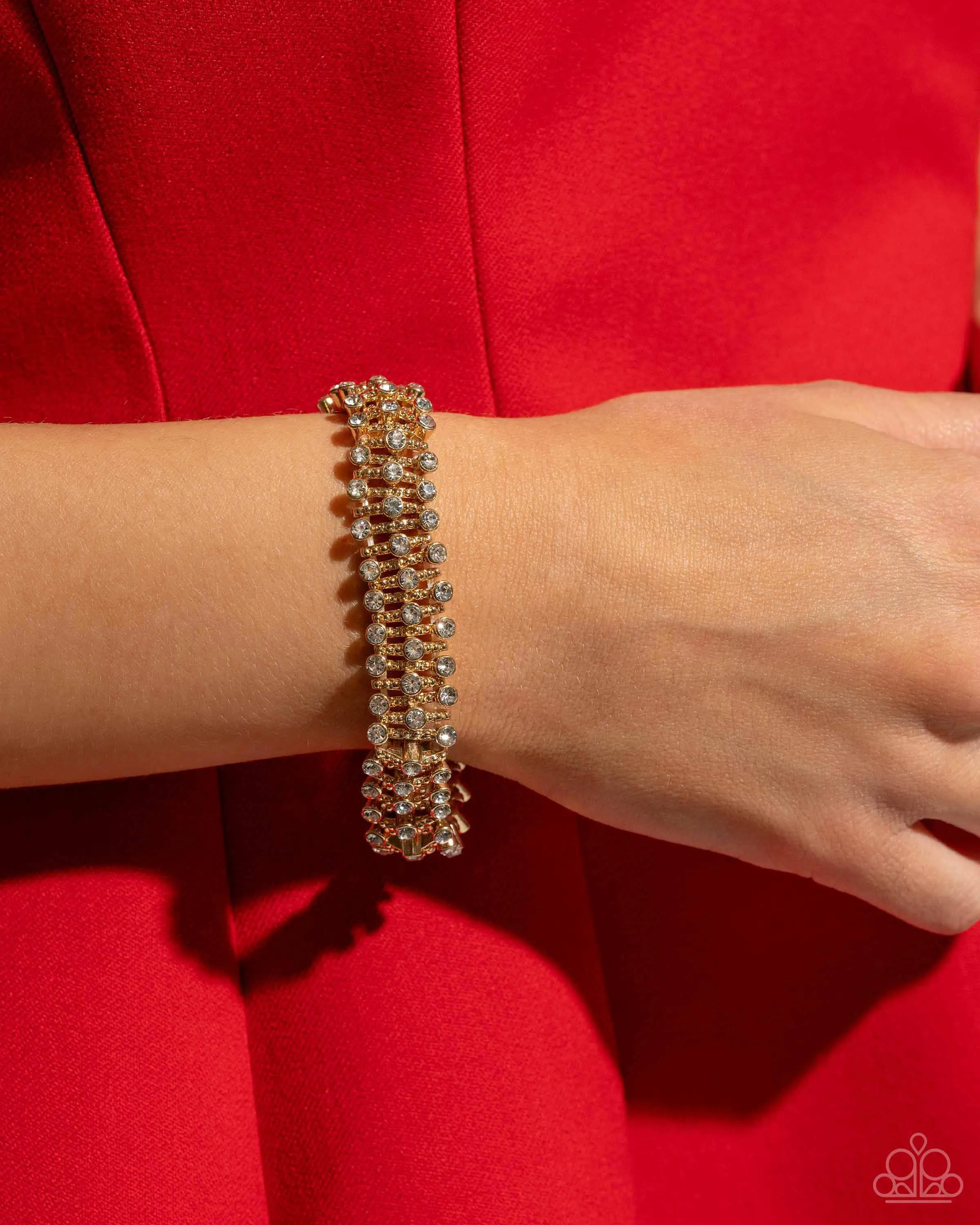 Corporate Confidence - Gold - Studded Bar White Rhinestone Paparazzi Stretchy Bracelet