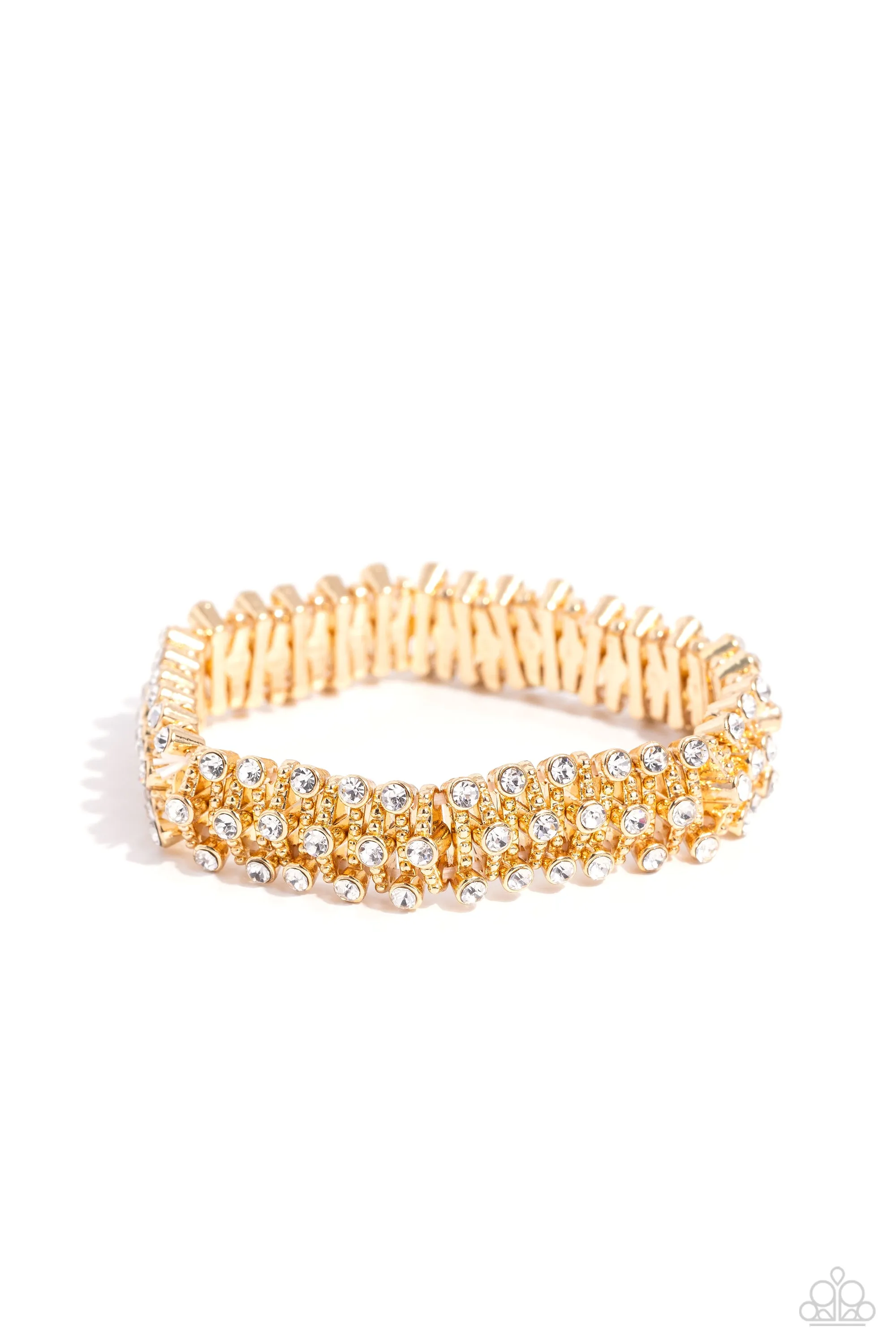 Corporate Confidence - Gold - Studded Bar White Rhinestone Paparazzi Stretchy Bracelet