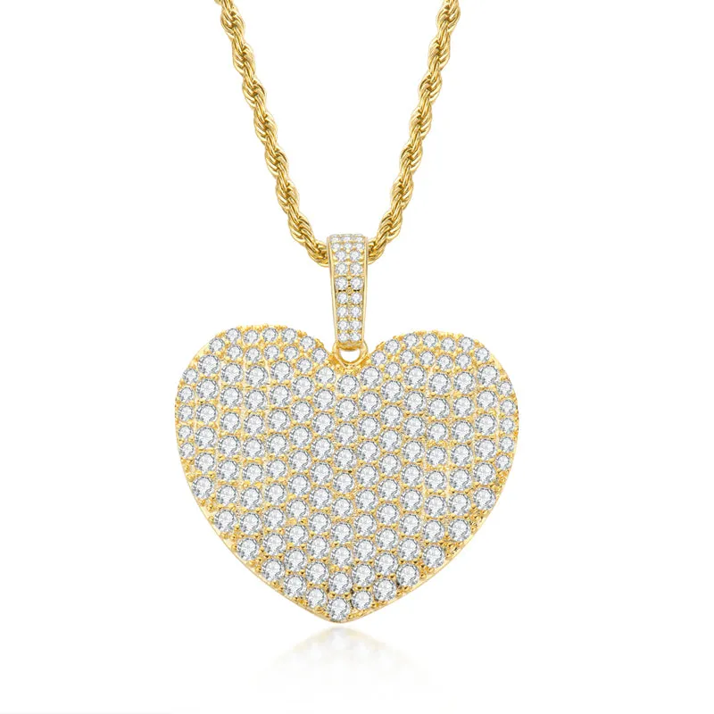 Created Diamond Heart Shaped Rope Chain Hip Hop Pendant Necklace