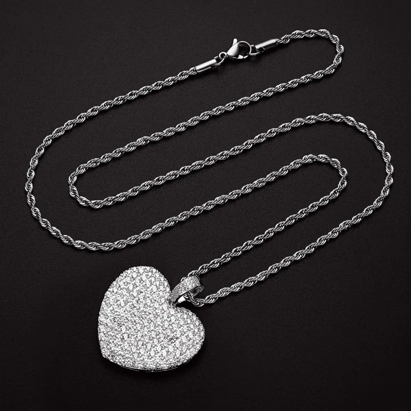 Created Diamond Heart Shaped Rope Chain Hip Hop Pendant Necklace
