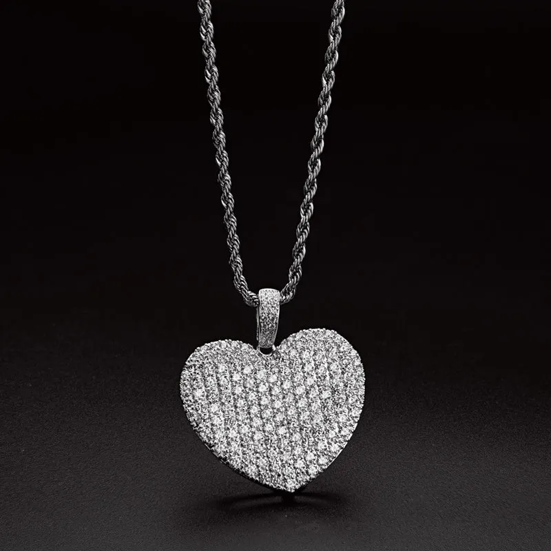 Created Diamond Heart Shaped Rope Chain Hip Hop Pendant Necklace