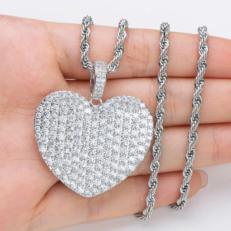 Created Diamond Heart Shaped Rope Chain Hip Hop Pendant Necklace