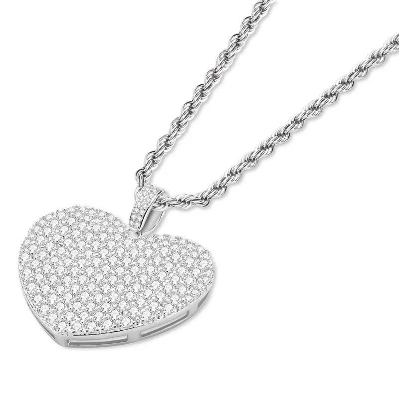 Created Diamond Heart Shaped Rope Chain Hip Hop Pendant Necklace