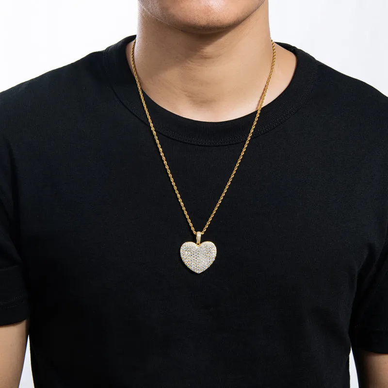 Created Diamond Heart Shaped Rope Chain Hip Hop Pendant Necklace