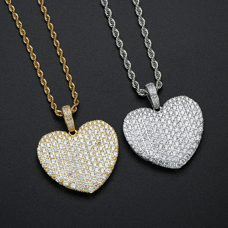 Created Diamond Heart Shaped Rope Chain Hip Hop Pendant Necklace
