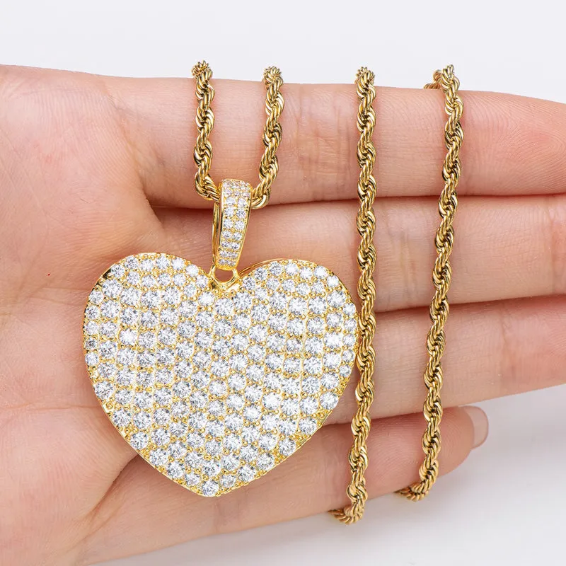 Created Diamond Heart Shaped Rope Chain Hip Hop Pendant Necklace